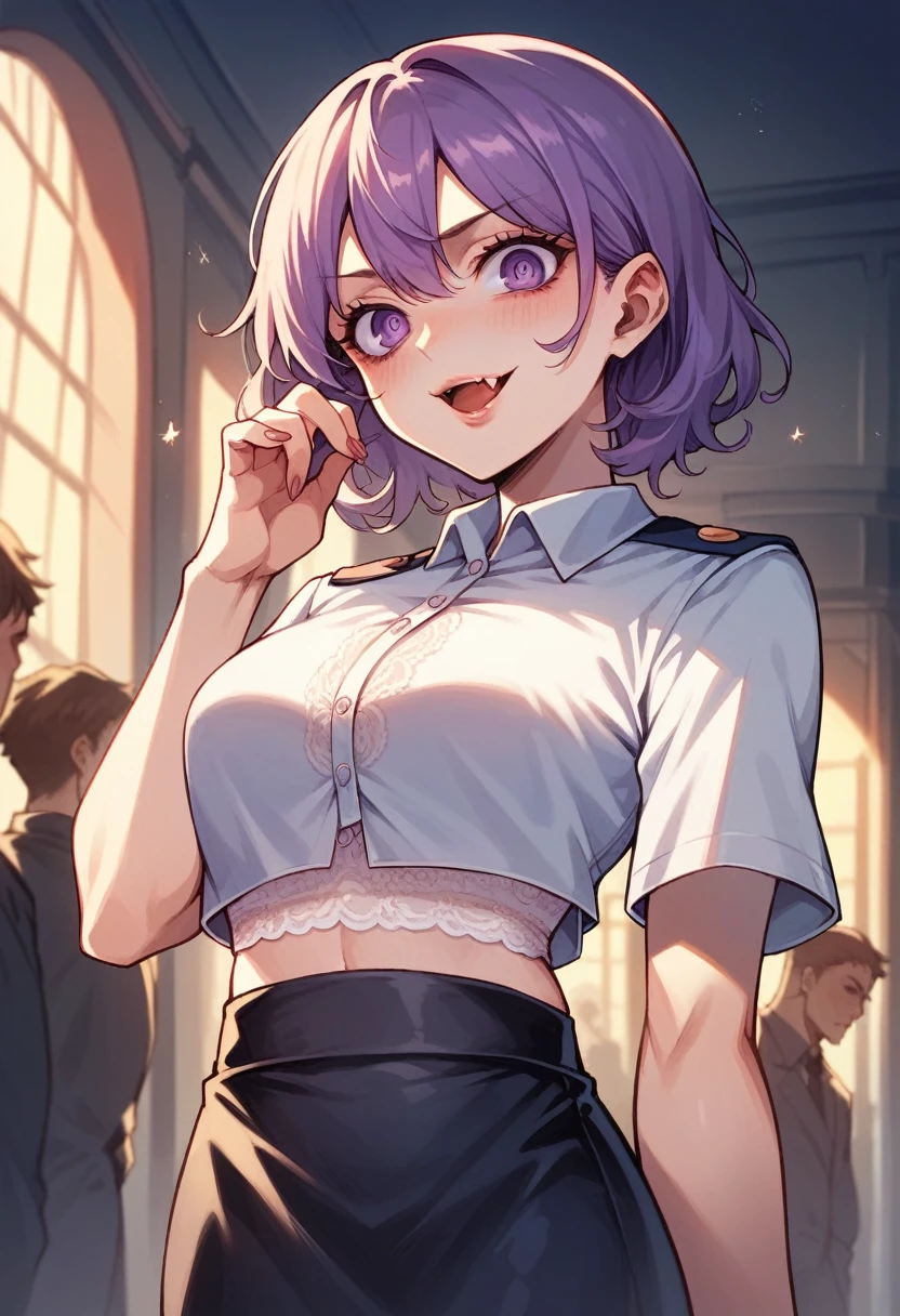 a vampire girl, (showing fang), by white, purple eyes, bright Eyes, lace crop top, Skirt, Chapped lips, blush, evening, flores, officer