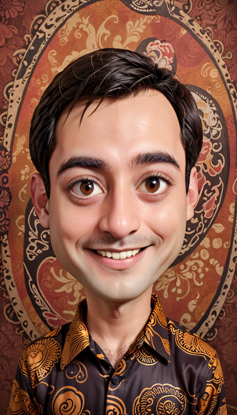 Caricature 3D real cartoon style. A man with short straight hair, oval face, He has thick straight black eyebrows, dark brown eyes, a medium sized nose with a rounded tip. The lips are medium sized. Stand straight, facing the camera while smiling faintly. He wore a traditional brown batik shirt with an intricate motif. The background is neutral.