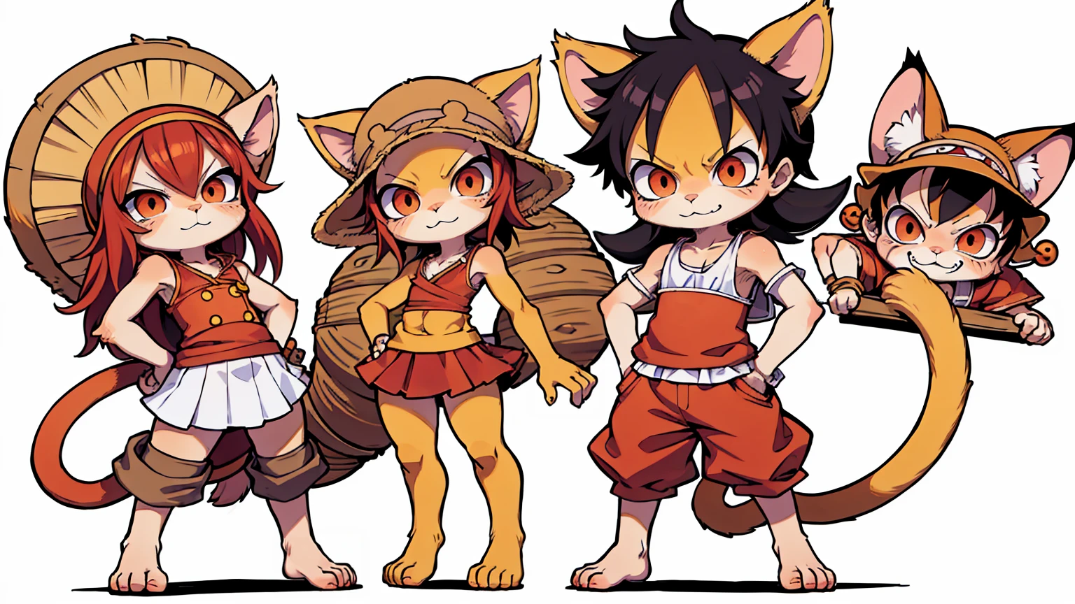 a cat warrior character, cat ears, furry, (full body:1.2) , chibi, advanced digital chibi art, g liulian art style, maplestory mouse, bian lian, chibi art, league of legends art style, character art of maple story, ((view at the viewer)), (((Luffy costume, from one piece, monkey d luffy))), ((white background)), simple background