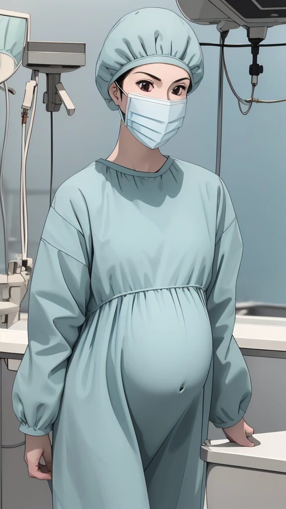 masterpiece, highest quality, source_anime, the view is turned slightly to the side, upper body, (RAW photo, best quality), 1girl, frown, pale skin, shy eyes, big breasts, big tits, pregnant, stand, natural lighting, solo, hospital, in the operating room, 
ray kasugano, pregnant with big belly, (give a score of 9_give a score of 8_give a score of 7) long sleeve Surgical dress, bouffant cap, cover the ears, surgical mask, long surgical gloves, 