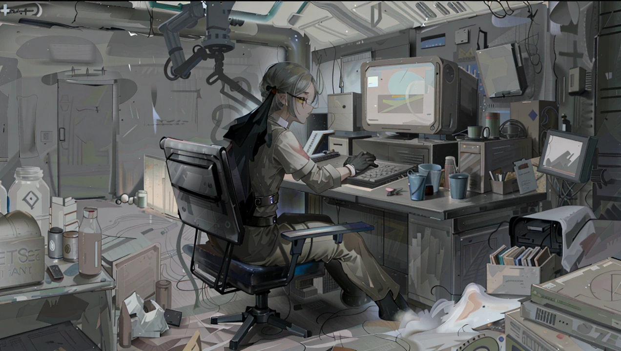There is a painting,Painting of a woman sitting at a table in a room, Senior Concept Artist, keyframe illustration, Inspired by veteran environment artists, Conceptual art for video games, Illustration Concept Art, Aliens working on, 2D Concept Art, Master's Research, Sitting at his desk, Professional Concept Art, scifi illustration, Mostly grayscale, Concept art scene