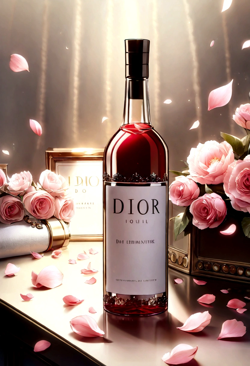 Close-up of a wine bottle, surrounded by flowers, (Petals: 1.3), Close-up of a perfume bottle, Silk perfume on the table, Neoromantik, dior-Sport, dior, Christian dior-Stil, Flemish Baroque, Laut Jean-Honoré Fragonard, simple backround, studio lighting, soft lighting, high-resolution image quality, 8K, english text, without people, depth of field, virtual focus, short focus, still life, without people