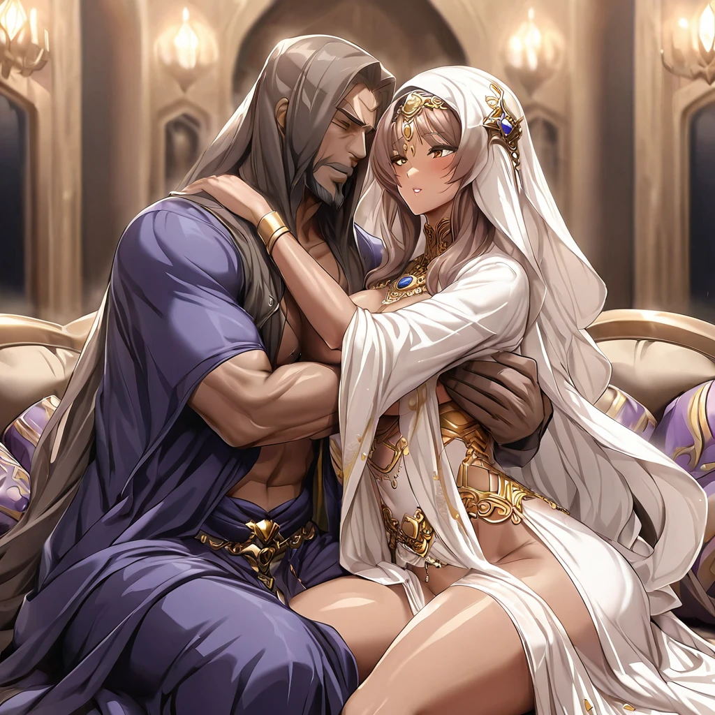 ((Highest quality)), ((masterpiece)), (detailed), (Perfect Face)、A naked man and a woman are having intense sex and making love、The woman is an Arab with vivid brown skin, a devout Muslim, and is living in an Islamic mansion wearing a gorgeous and glittering abaya with gold embroidery, a gorgeous hijab, a gorgeous hair ornament, gorgeous jeweled accessories and an engagement ring. The woman and the man are sitting on a gorgeous and large sofa in the luxurious room, and the woman is passionately embracing and passionately deep kissing the dignified, bearded, middle-aged Arab Muslim man wearing Arab national dress, making passionate love as a married couple.、The woman is an elegant Arab with blue, medium-long hair, wearing an abaya and a gorgeous hijab. She is a Muslim with a vivid brown skin.、(The woman is a dark-skinned Arab devout Muslim Extia.)、The man is a Muslim, dignified, strong-looking, bearded, middle-aged Arab man wearing traditional Arab clothing.