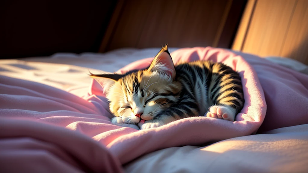 Anime style, kitten, sleeping in a white bed