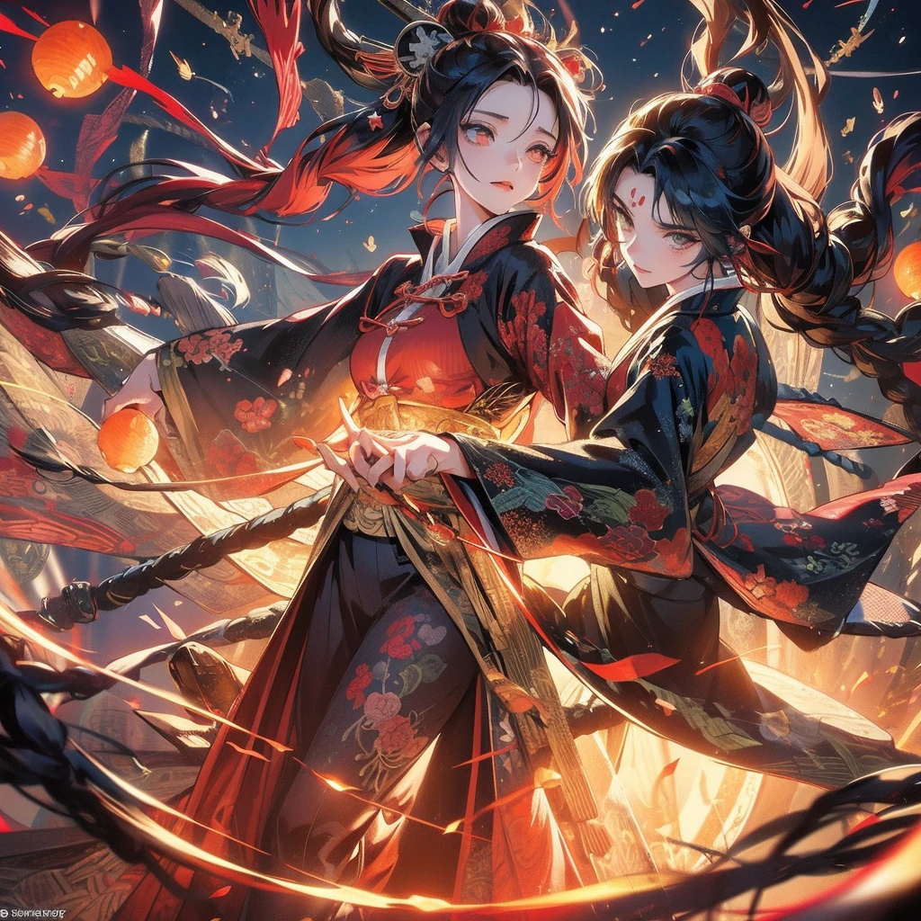 A beautiful ancient Japanese demon, hd, 8k, unreal engine, close face, kimetsu no Yaiba, Amidst the twilight sky, fireflies dance in a mesmerizing spectacle, casting a magical spell on the world., trending on artstation, sharp focus, studio photo, intricate details, highly detailed, red moon, meteor, 8k hd unreal engine, dreamy, frosty, flying lanterns