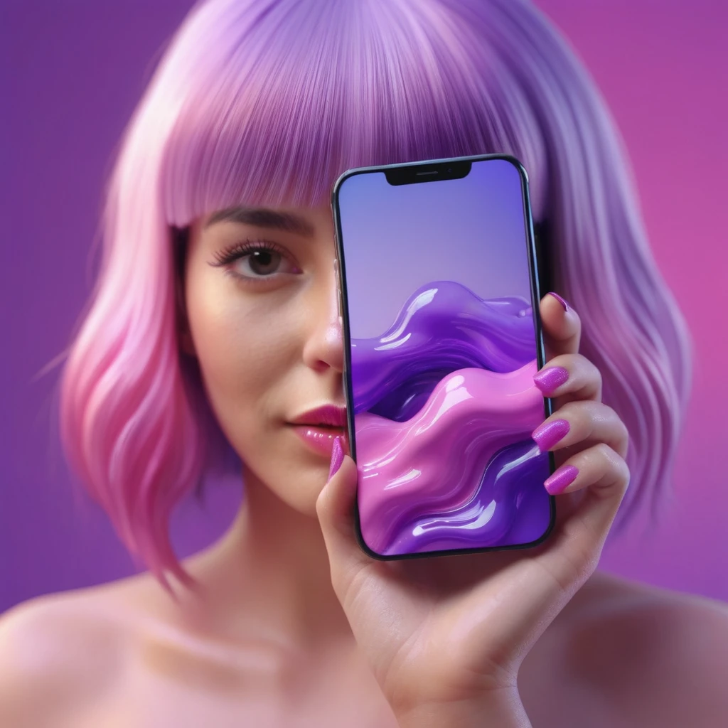 smartphone in her hand, blackhair female hands holding dildo to her face, that is glowing with pink and purple colours, dripping wet, closeup macro photo, minimalistic, in a light purple and pink style, with soft edges and blurred details, in the toycore style, with a 3D render, on a colorful background, with a minimalist stage design, in a surreal style, with a cinema4D rendering, with a minimalist style, with low saturation, using gradient colors, with a cinema4D rendering, with a blender rendering, with super detail, at a super high resolution, at a super high definition