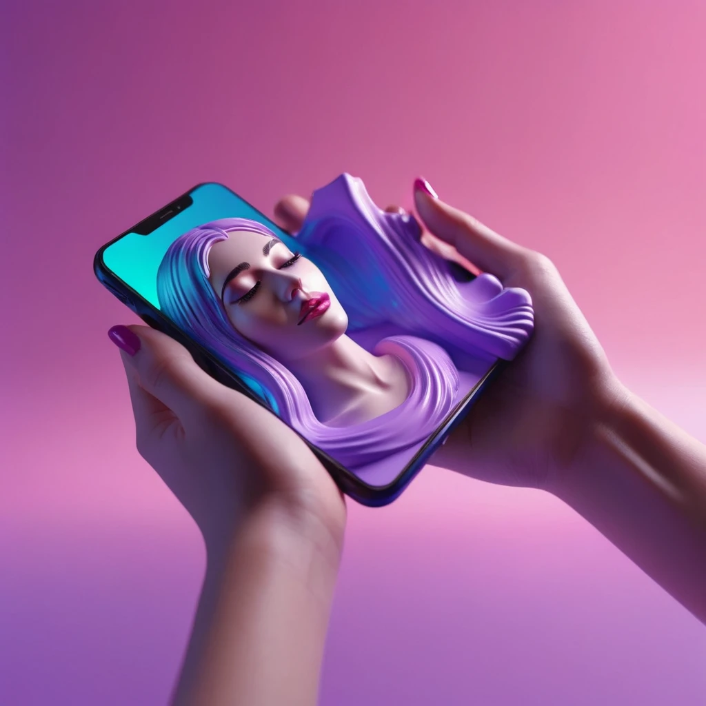 smartphone in her hand, blackhair female hands holding dildo to her face, that is glowing with pink and purple colours, dripping wet, closeup macro photo, minimalistic, in a light purple and pink style, with soft edges and blurred details, in the toycore style, with a 3D render, on a colorful background, with a minimalist stage design, in a surreal style, with a cinema4D rendering, with a minimalist style, with low saturation, using gradient colors, with a cinema4D rendering, with a blender rendering, with super detail, at a super high resolution, at a super high definition
