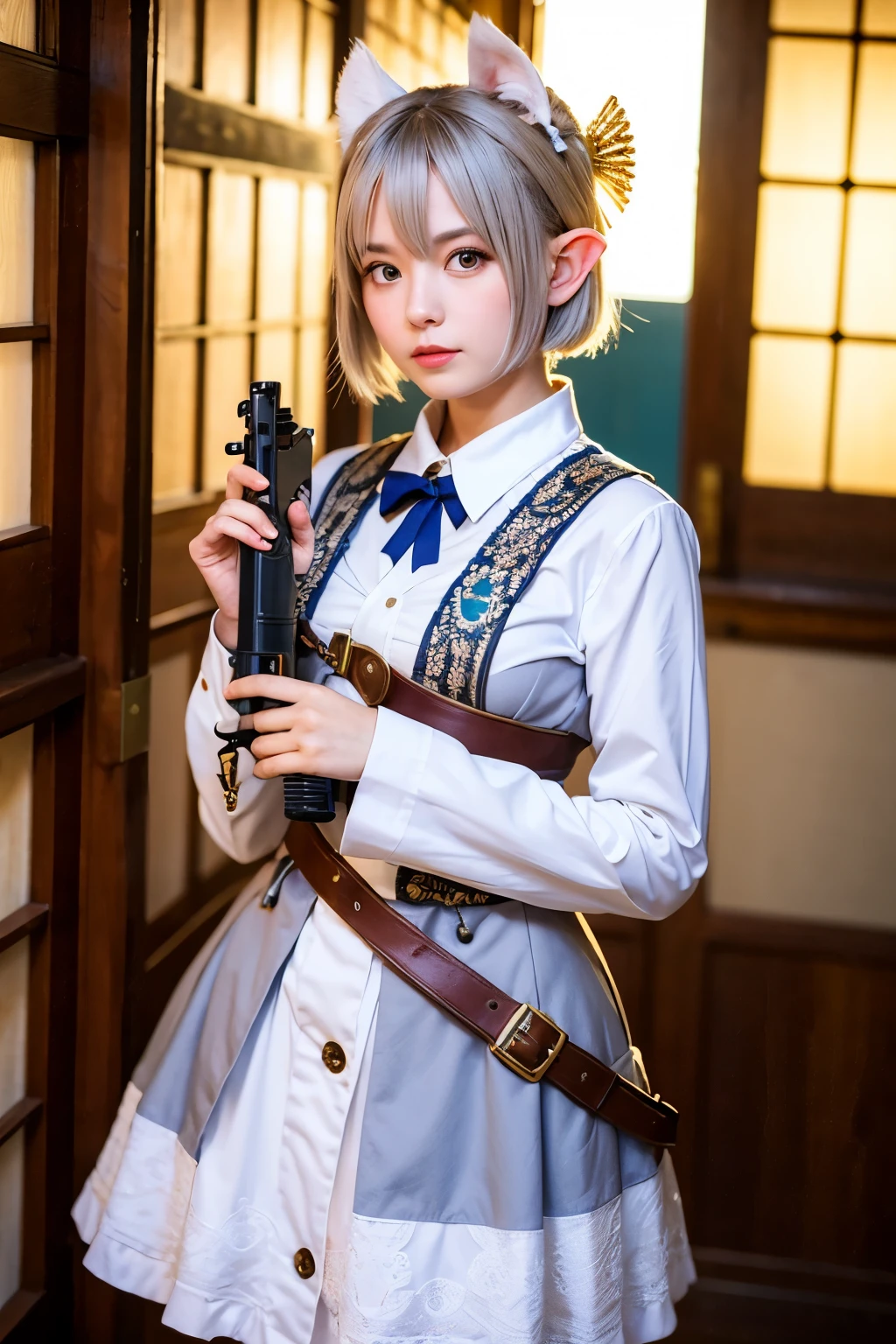 ((Highest quality)), ((masterpiece)), (detailed), One girl, The main character is a short-haired, white-haired girl wearing a white steampunk outfit and carrying a handgun.。At the age of 15, his occupation was a Japanese onmyoji。Eye color is gray、The ears are elf ears。
The background is all white。standing in front of the main gate of the high school。Make sure your whole body is visible。  