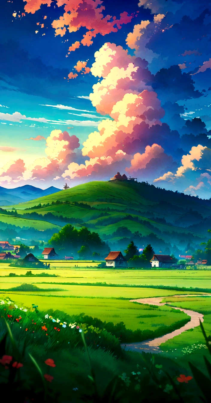 anime landscape with a path leading to a small village, anime countryside landscape, anime landscape, anime scenery, anime landscape wallpaper, beautiful anime scenery, studio ghibli landscape, beautiful anime scene, anime background art, anime background, anime beautiful peace scene, anime nature, scenery artwork, studio glibly makoto shinkai, studio ghibli sky, anime scenery concept art