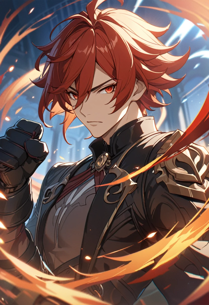((solo)), red eyes, red hair, short messy hair, a close up of a person with a fist in a field of fire,combat, detailed key anime art, honkai star trail character, casimir art, masamune shiro, masamune, handsome guy in demon slayer art, genshin, heise jinyao, shadowverse style, (no logos), aura, fire fist powers,boxing, handglove, blazzing, detailed clothes, depth of field, cinematic lighting, ray tracing, UHD, high details, best quality, highres, high quality, award winning, super detail, masterpiece, 8k