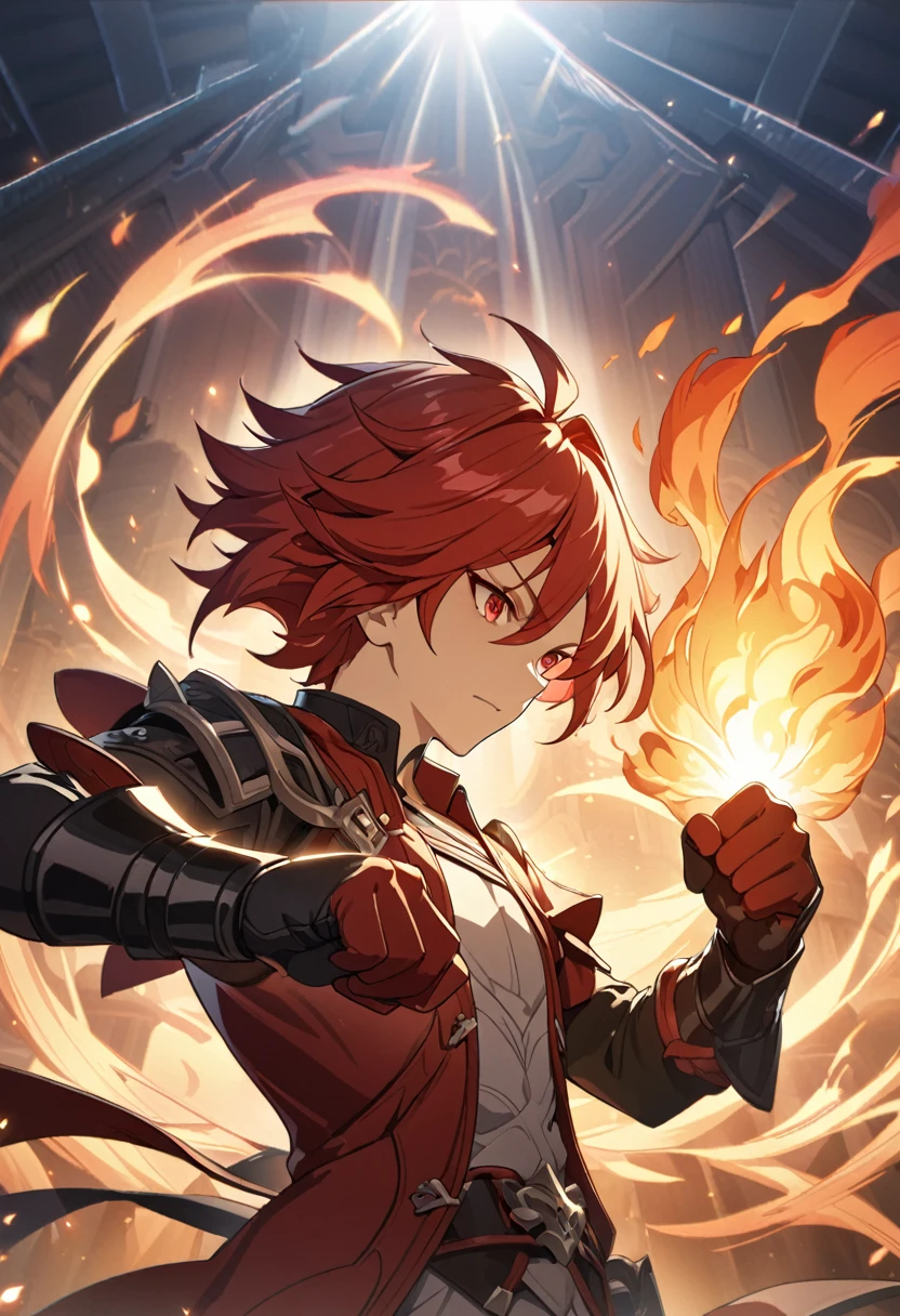 ((solo)), red eyes, red hair, short messy hair, a close up of a person with a fist in a field of fire,combat, detailed key anime art, honkai star trail character, casimir art, masamune shiro, masamune, handsome guy in demon slayer art, genshin, heise jinyao, shadowverse style, (no logos), aura, fire fist powers,boxing, handglove, blazzing, detailed clothes, depth of field, cinematic lighting, ray tracing, UHD, high details, best quality, highres, high quality, award winning, super detail, masterpiece, 8k
