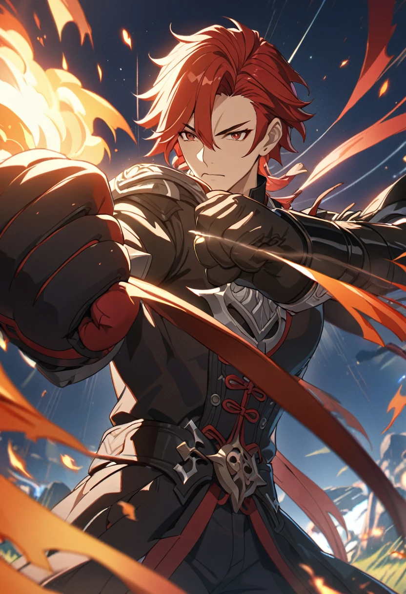 ((solo)), red eyes, red hair, short messy hair, a close up of a person with a fist in a field of fire,combat, detailed key anime art, honkai star trail character, casimir art, masamune shiro, masamune, handsome guy in demon slayer art, genshin, heise jinyao, shadowverse style, (no logos), aura, fire fist powers,boxing, handglove, blazzing, detailed clothes, depth of field, cinematic lighting, ray tracing, UHD, high details, best quality, highres, high quality, award winning, super detail, masterpiece, 8k
