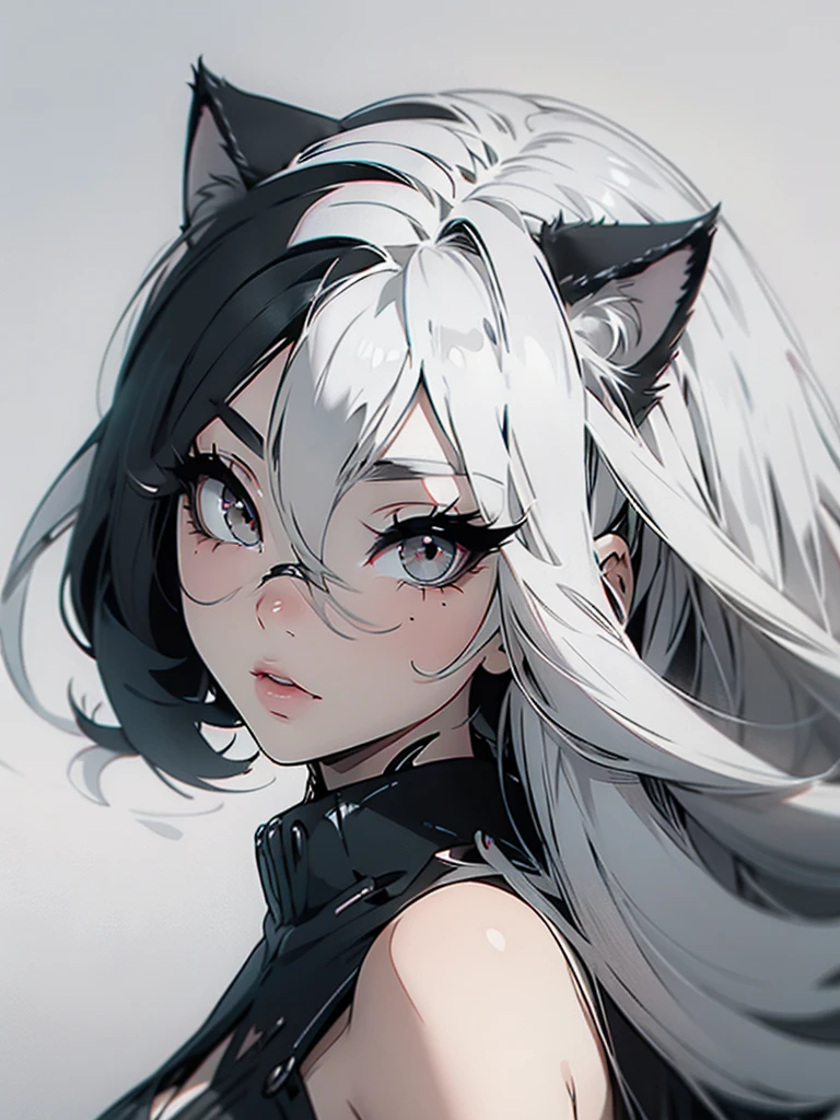 High quality, one girl, close-up, black and white, monochrome, cat ears, white eyes, white hair