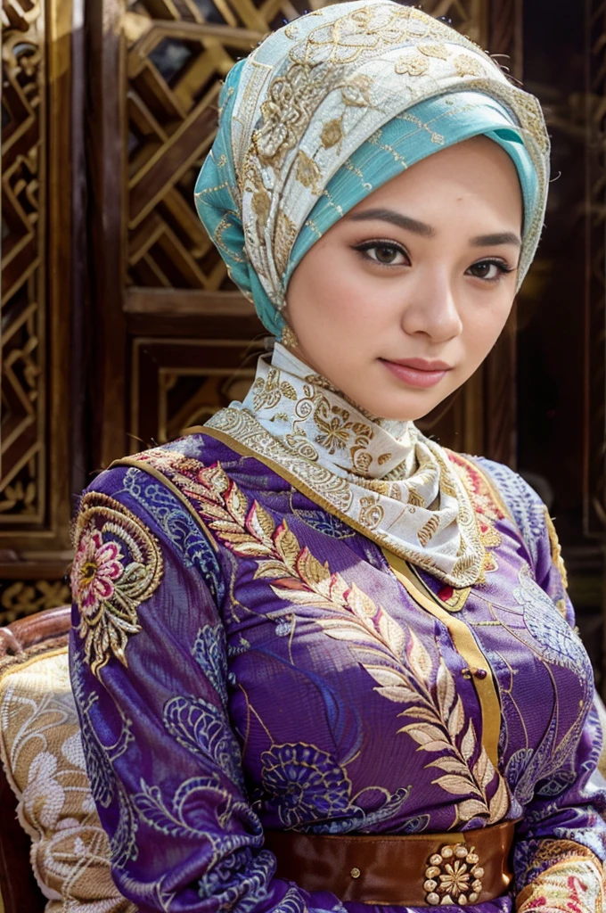 beautiful young woman in traditional indonesian kebaya dress, long sleeves, long headscarf, serene expression, detailed facial features, intricate embroidered patterns, elegant pose, soft natural lighting, photorealistic, highly detailed, 8k, cinematic, dramatic, warm color tones