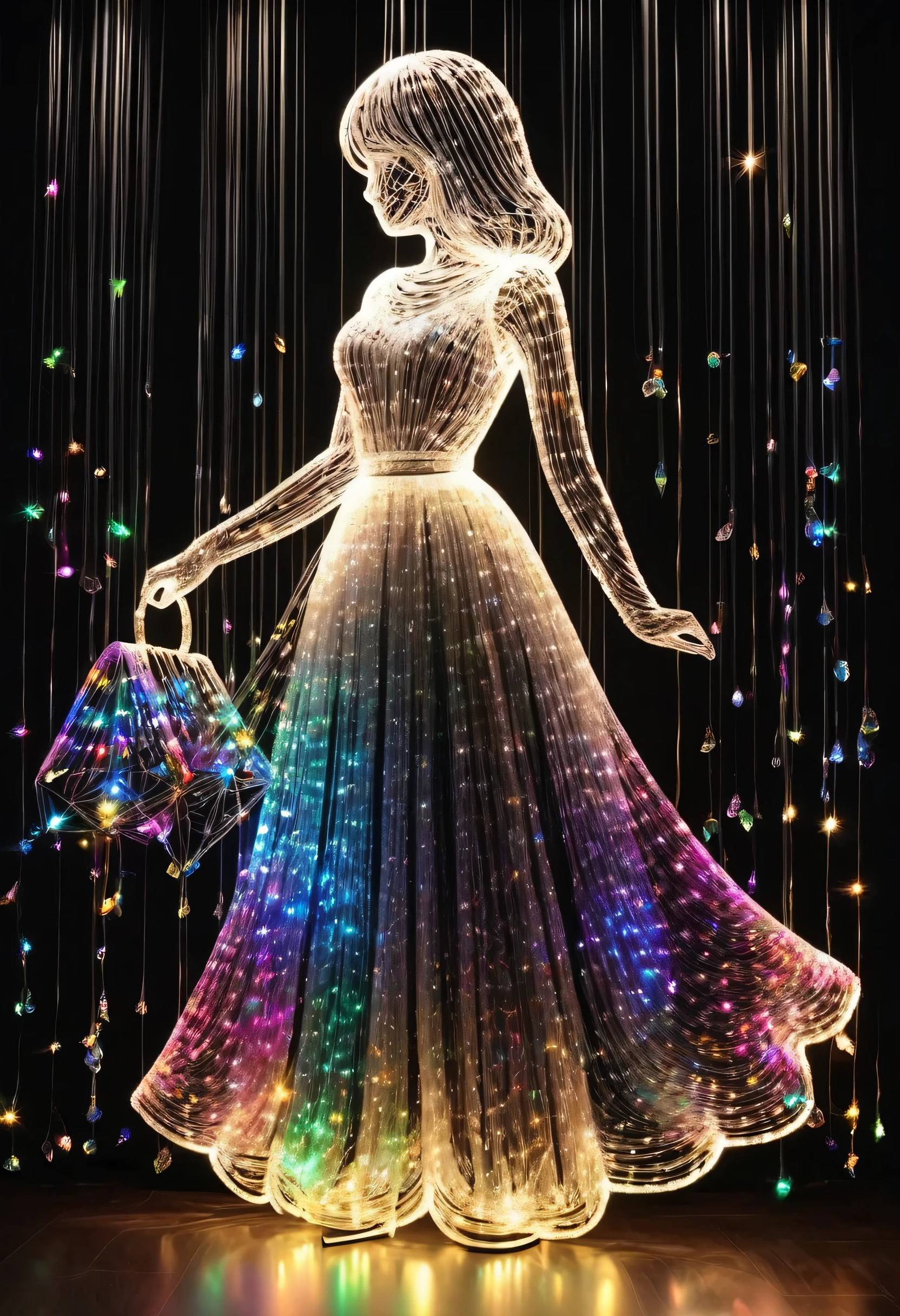 Crystal lighting effect colorful gem lighting combined with human-shaped beam layer wire saw dancing,Long skirt,It is cleverly shaped,The light is slender..Background gloosy black wall