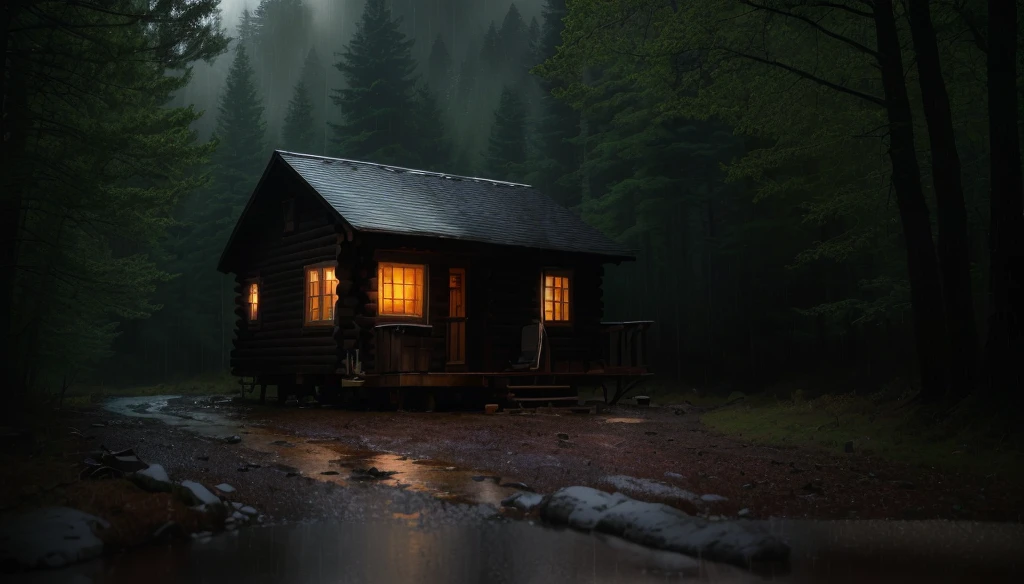 there is a small cabin sitting on the side of a road, cabin in the woods, inspired by Gregory Crewdson, solitary cottage in the woods, cabin lights, cabin, house in forest, in a cabin, cottage in the woods, rainy evening, cottage in the forest, at evening during rain, the small house in the forest, rainy night, moody night lighting