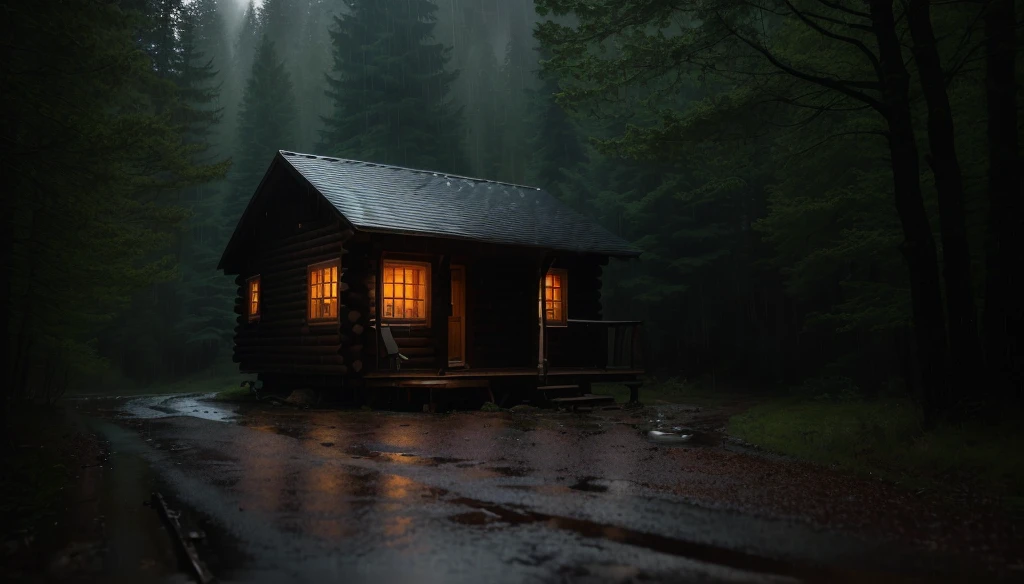 there is a small cabin sitting on the side of a road, cabin in the woods, inspired by Gregory Crewdson, solitary cottage in the woods, cabin lights, cabin, house in forest, in a cabin, cottage in the woods, rainy evening, cottage in the forest, at evening during rain, the small house in the forest, rainy night, moody night lighting