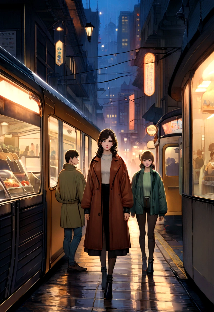 Rainy Night,City,On the busy streets of Gintama,A man in sportswear,Beautiful woman with hot girl makeup, There are vendors all around, Beautiful portrait of a stunning goddess girl, Beautiful and delicate face, Porcelain skin, full-body shot, Center, Super soft light, symmetry, complex, elegant, Very detailed, Reality, Art Station, Concept Art, Smooth, As imagined by greg rutkowski and borris vallejo, cover, trendy style