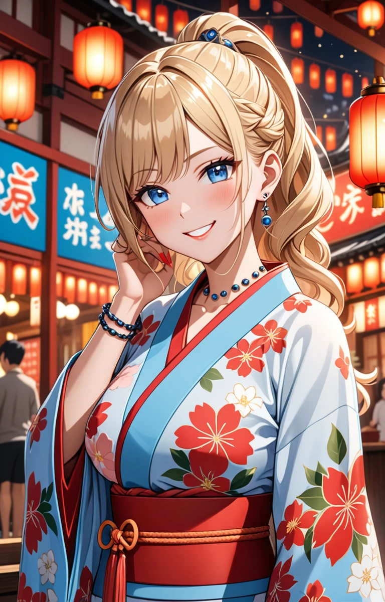 ((one girl)), hyper detailed, absurdres, 8K,Cute face, Beautiful Face, (Laugh shyly), ((teasing smile:1.8)), ((Wink:1.8)), (Laugh with your mouth wide open),(Tilt your head:1.3), View your viewers, ((Bright red cheeks:1.6)),Glossy Red Lips, ((Big Breasts:1.4)) night, Shrine festival stalls, (Brighten your face), ((Anime style background)),masterpiece, Highest quality, so beautiful,Latest, Complex details, (Pink long nails), (nail art), (ring),(bracelet), (helix piercing:1.7), (Floral Choker),AI-generated, Complex,High resolution, Highest quality, super high quality,3D Images、3D Images,One person,Blonde long hair,(High Ponytail), (Wavy Hair), Anime woman posing for a photo, ((Fine grain、blue eyes、Shining Eyes:1.4)), (Squint your eyes:1.1),a hyperRealistic , hyperRealistic , Realistic,Long blonde anime woman, Smooth anime CG art, Pink large floral patternの刺繍が入った、A girl in a gorgeous kimono, ((White long-sleeved kimono)),(Pink large floral pattern) ,Long flower hair ornament,Floral Earrings,Mature Body, expensive,Abdominal muscles,Tight waist,((face focus:1.8)), (front view),