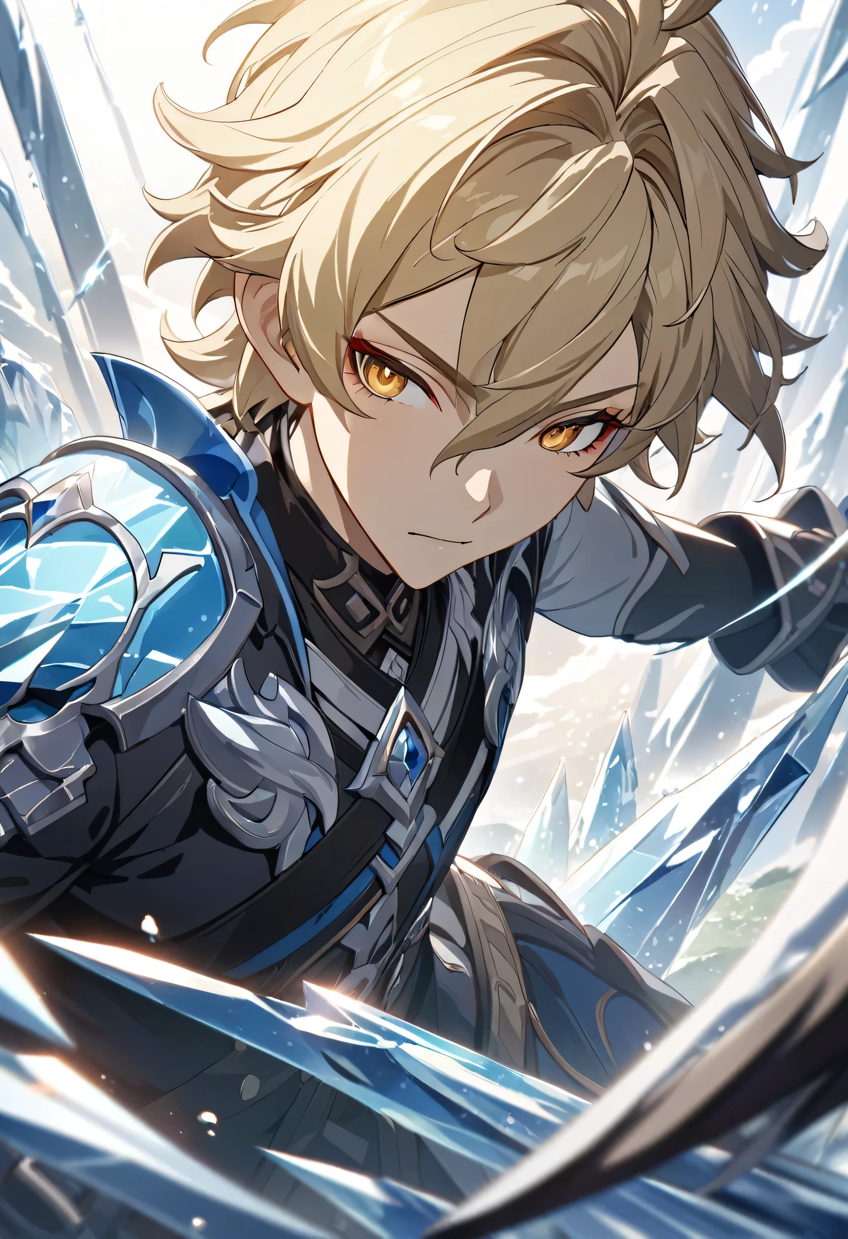 ((solo)), yellow eyes, blond hair, short messy hair, a close up of a person with a sword in a field of ice, detailed key anime art, honkai star trail character, casimir art, masamune shiro, masamune, handsome guy in demon slayer art, genshin, heise jinyao, shadowverse style, (no logos), ice, ice powers, blizzards, detailed clothes, depth of field, cinematic lighting, ray tracing, UHD, high details, best quality, highres, high quality, award winning, super detail, masterpiece, 8k