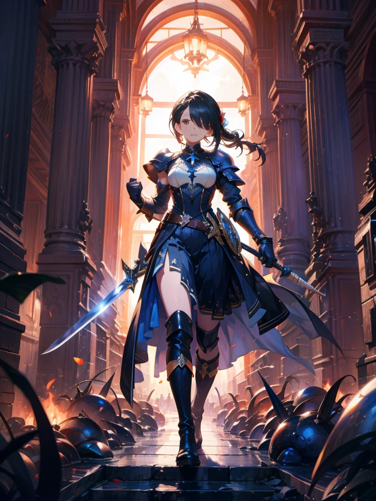 masterpiece, best quality, high quality, detailed, ultra detailed, hyper detailed, insanely detailed, exquisite, beautiful, FHD, Full-HD, 4K, 8K, 16K, highres, absurdres, woman, mystic knight, serious look, sword fighting, covering one eye, black hair, red eyes, armor, long boots, with a sword, fantasy,hailoknight, holding sword, holding weapon