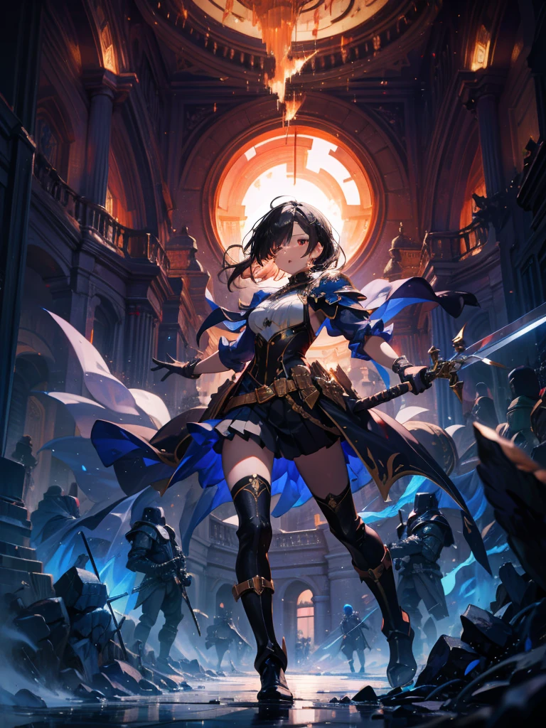 masterpiece, best quality, high quality, detailed, ultra detailed, hyper detailed, insanely detailed, exquisite, beautiful, FHD, Full-HD, 4K, 8K, 16K, highres, absurdres, woman, mystic knight, serious look, sword fighting, covering one eye, black hair, red eyes, armor, long boots, with a sword, fantasy,hailoknight, holding sword, holding weapon