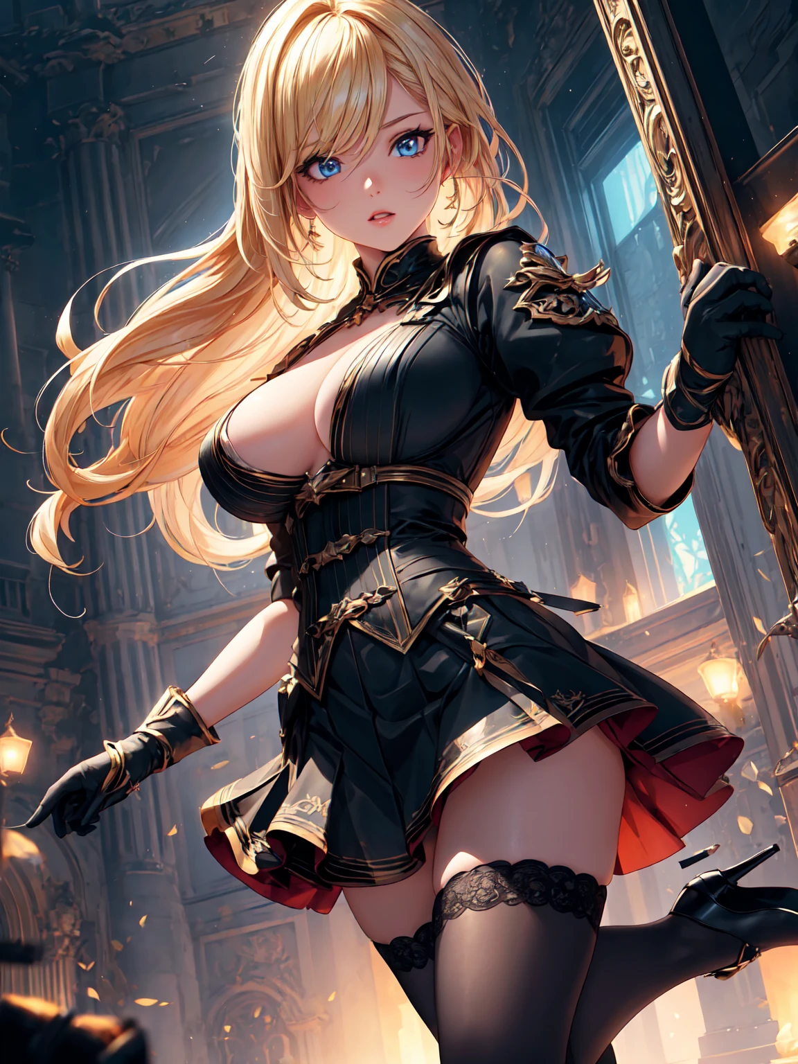 a beautiful blonde girl in a rich 3D 2D scene, wearing a skirt, stockings, and high heels, with a poisonous expression, highly detailed, cinematic lighting, vibrant colors, photorealistic, masterpiece, 8k, (best quality,4k,8k,highres,masterpiece:1.2),ultra-detailed,(realistic,photorealistic,photo-realistic:1.37),HDR,UHD,studio lighting,ultra-fine painting,sharp focus,physically-based rendering,extreme detail description,professional,vivid colors,bokeh.