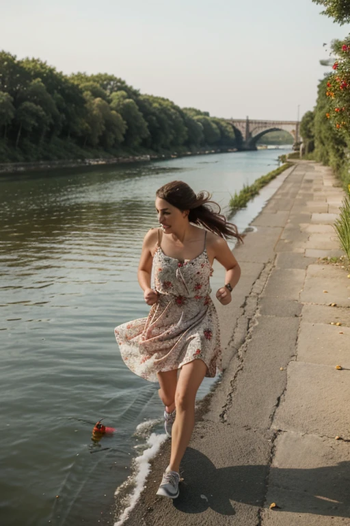 a girl running on the see. She wear a drees with ladybugs and flowers