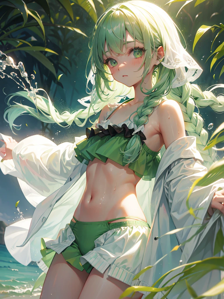 light green hair,long braids,hime cut,green bikini,spray,white long cardigan,sweat
