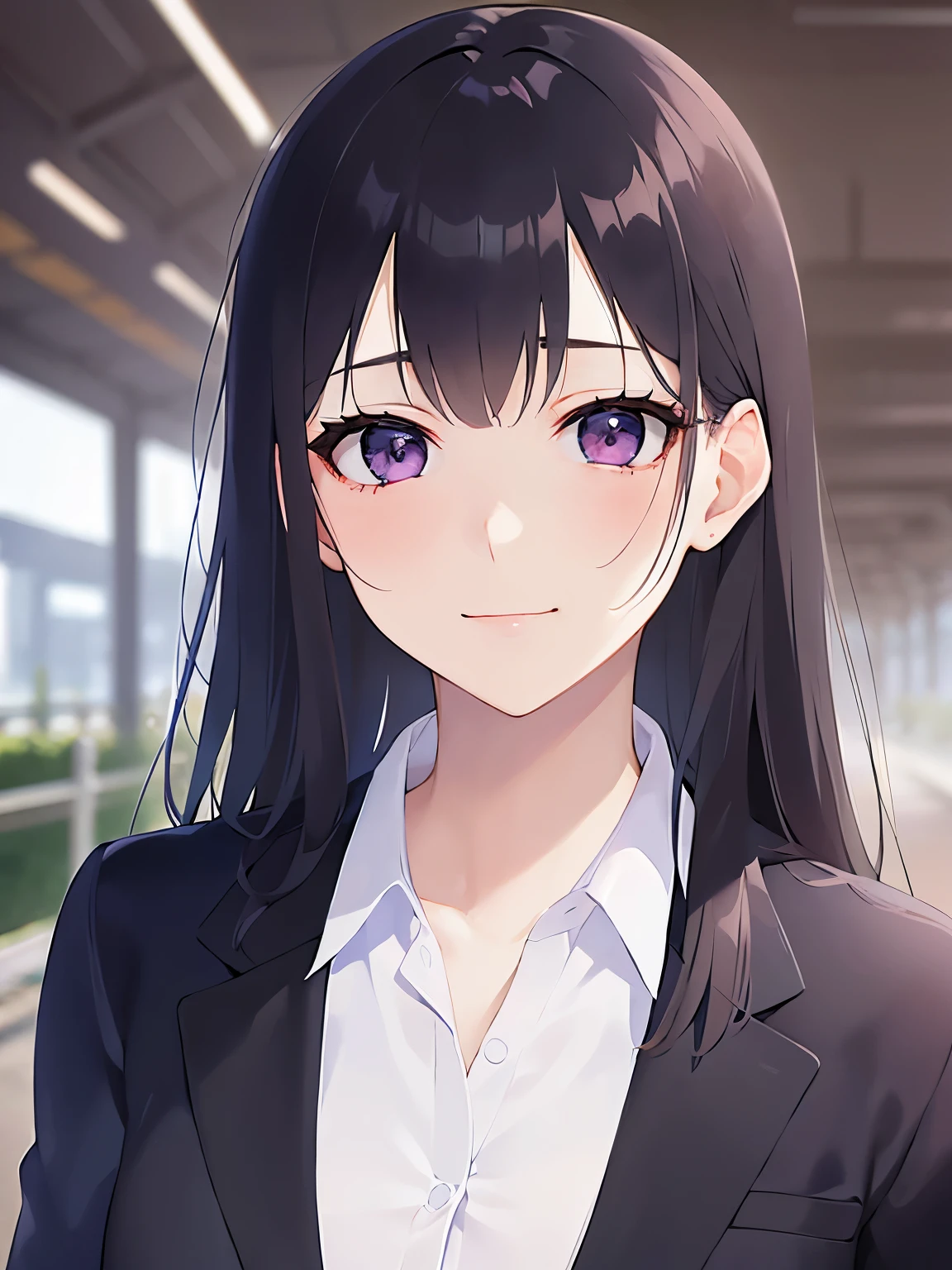 hand on face, Realistic, real person, (pale skin: 1.2), RAW photo, photorealistic, shiny skin, shiny hair、(A 25-year-old woman with straight hair and bangs) and (medium hair) and (black hair) and (purple eyes) , (business suit:1.5) and (white collared shirt)、(sad smile:1.5), tears, open mouth, The background is a train station platform.、Alone、