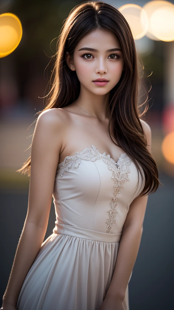 (best quality), (ultra-detailed), (llustration), (detailed light), (an extremely delicate and beautiful), 1young girl, brown hair, brown eyes, model, bare shoulders, best quality, extremely detailed CG unified 8k wallpaper, High-definition raw color photos, professional photograpy, (((Bokeh))), depth of fields, twilight, sunset,