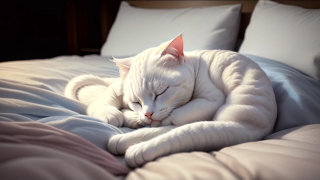 White cat、Sleeping in bed、Anime Style