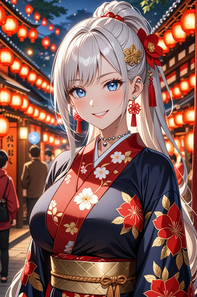 ((one girl)), hyper detailed, absurdres, 8K,Cute face, (Laugh shyly), ((teasing smile:1.8)), ((Wink:1.8)), (Laugh with your mouth wide open:1.3),(Tilt your head:1.3), View your viewers, ((Bright red cheeks:1.6)),Glossy Red Lips, ((Big Breasts:1.4)) night, Shrine festival stalls, (Brighten your face), ((Anime style background)),masterpiece, Highest quality, so beautiful,Latest, Complex details, (Pink long nails), (nail art), (ring),(bracelet), (helix piercing:1.7), (Floral Choker),AI-generated, Complex,High resolution, Highest quality, super high quality,3D Images、3D Images,One person,Long white hair,(High Ponytail), Anime woman posing for a photo,((silver eyes:1.6)), ((Fine grain、blue eyes、Shining Eyes:1.7)), (Squint your eyes:1.1),a hyperRealistic , hyperRealistic , Realistic,Anime woman with long white hair, Smooth anime CG art, With gold embroidery、A girl in a gorgeous kimono, ((Black long sleeve kimono:1.3)),(Red large floral pattern) ,Long flower hair ornament,Floral Earrings,Mature Body, expensive,Abdominal muscles,Tight waist,((face focus:1.6)), (front view),