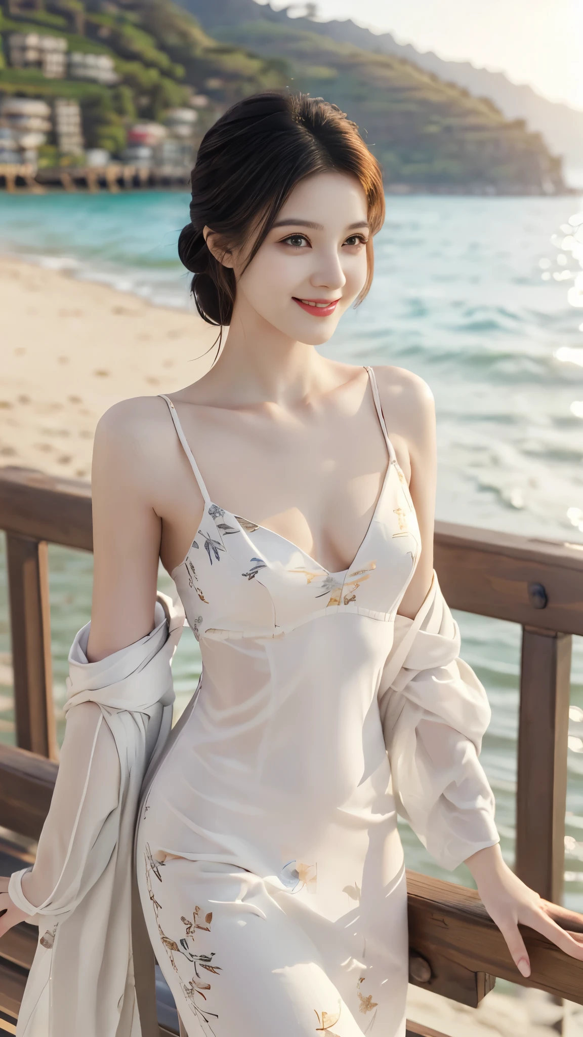 APS, fashion girl, (best quality, masterpiece:1.2), very detailed, (realistic:1.37), beautiful, young, glamorous model (detailed eyes, detailed lips, extremely detailed eyes), White and floral colors, showing a bright smile, slim body, long legs, Creates a breathtaking depiction of a girl enjoying the sunlight., Outdoor workouts, Beach, At the pier, Leaning on the guardrail, looking into the distance