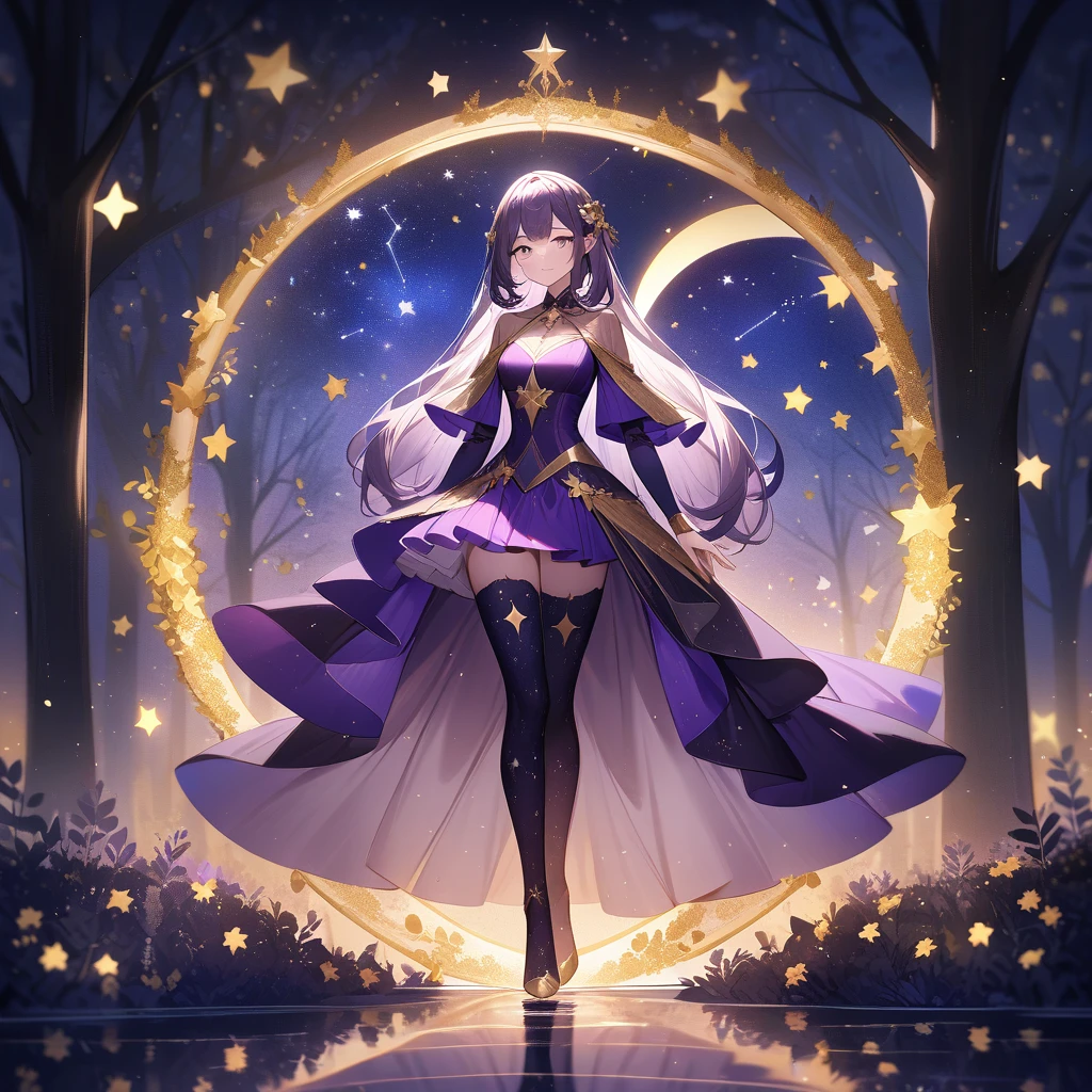  A beautiful sorceress in a flowing, deep purple mini skirt with celestial-themed tights, showcasing stars and constellations in silver and gold. She stands in a mystical, moonlit grove. Tags: best quality, ultra-detailed, moonlight glow, magical realism, starry night.