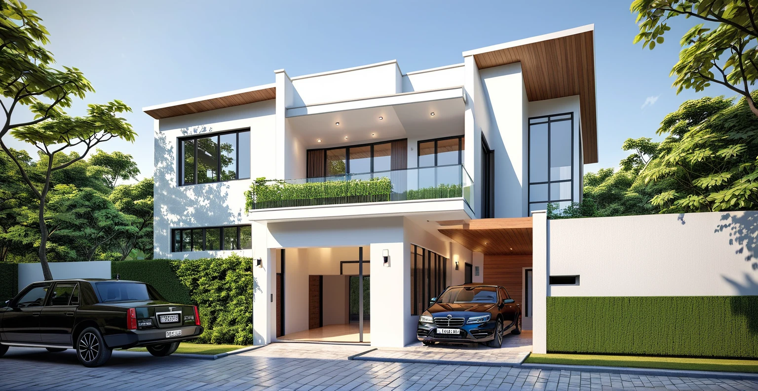 rendering of a modern house with a car parked in front of the door, complete house, exterior design, house design, detailed rendering, 2-dimensional rendering, in a simplified realistic style, 3d rendering, 3d rendering, rendering in vray, architectural concept, rendered, multidimensional villa, realistic concept, full 2d rendering, concept house, rendering in 3 dsmax