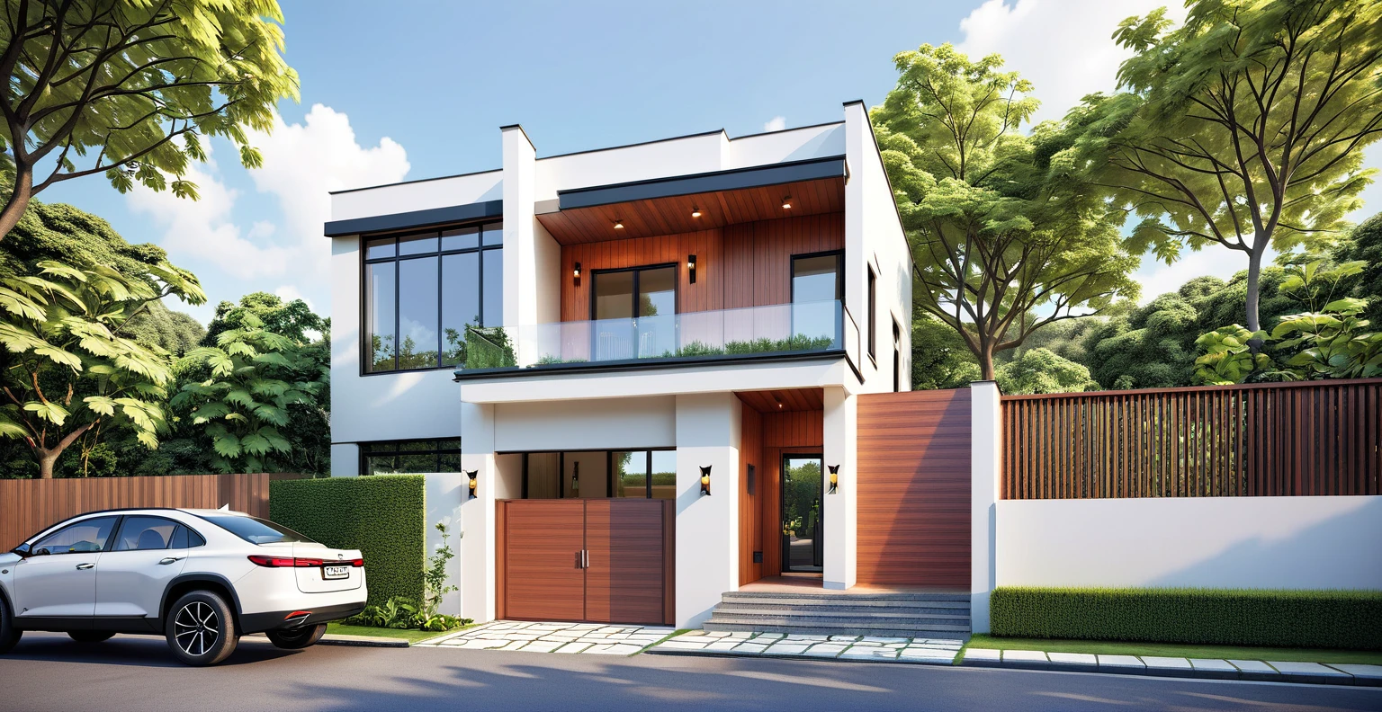 rendering of a modern house with a car parked in front of the door, complete house, exterior design, house design, detailed rendering, 2-dimensional rendering, in a simplified realistic style, 3d rendering, 3d rendering, rendering in vray, architectural concept, rendered, multidimensional villa, realistic concept, full 2d rendering, concept house, rendering in 3 dsmax