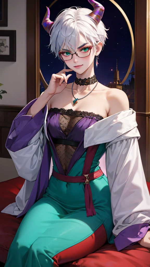 8k, masterpiece, best quality, highly detailed, 1 girl, tiefling, warlock, multicolored hair, very short straight hair green highlight hair on white hair, strippled hair, wearing glasses, round glasses, earrings, red eyeshadow, long eyelashes,navel piercing, blushed cheek, necklace, collarbone, mole, glamorous, purple and teal clothing, villainy, smirk, seductive face, halfbody view, rings, looking at viewer, demon horns, solo, antique dress, ballroom, palace, blue pale moon, sitting,