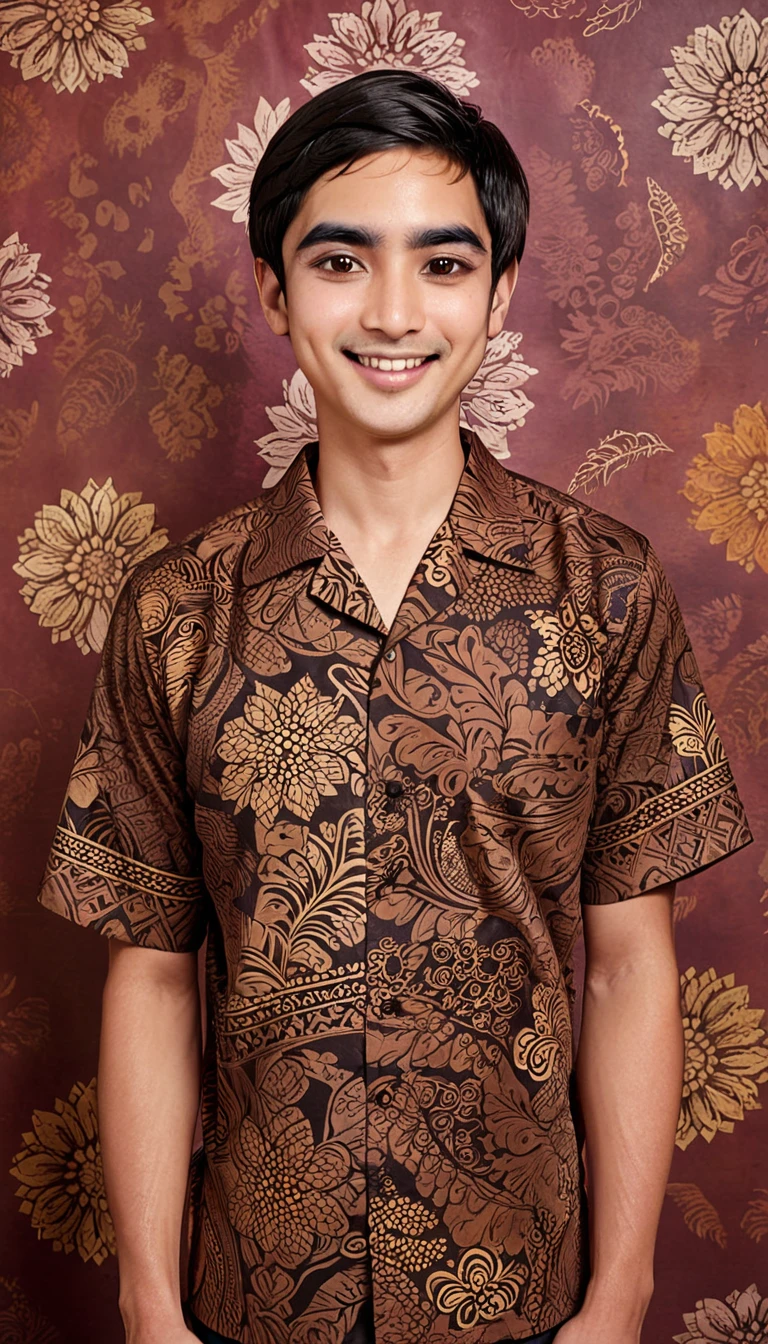 A man with short straight hair, oval face, He has thick straight black eyebrows, dark brown eyes, a medium sized nose with a rounded tip. The lips are medium sized. Stand straight, facing the camera while smiling faintly. He wore a traditional brown batik shirt with an intricate motif. The background is neutral.