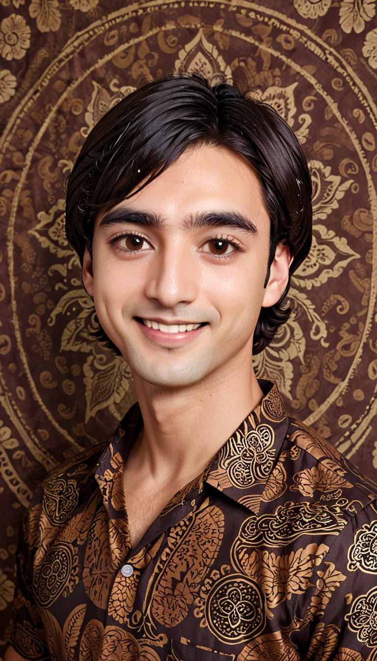 A man with short straight hair, oval face, He has thick straight black eyebrows, dark brown eyes, a medium sized nose with a rounded tip. The lips are medium sized. Stand straight, facing the camera while smiling faintly. He wore a traditional brown batik shirt with an intricate motif. The background is neutral.