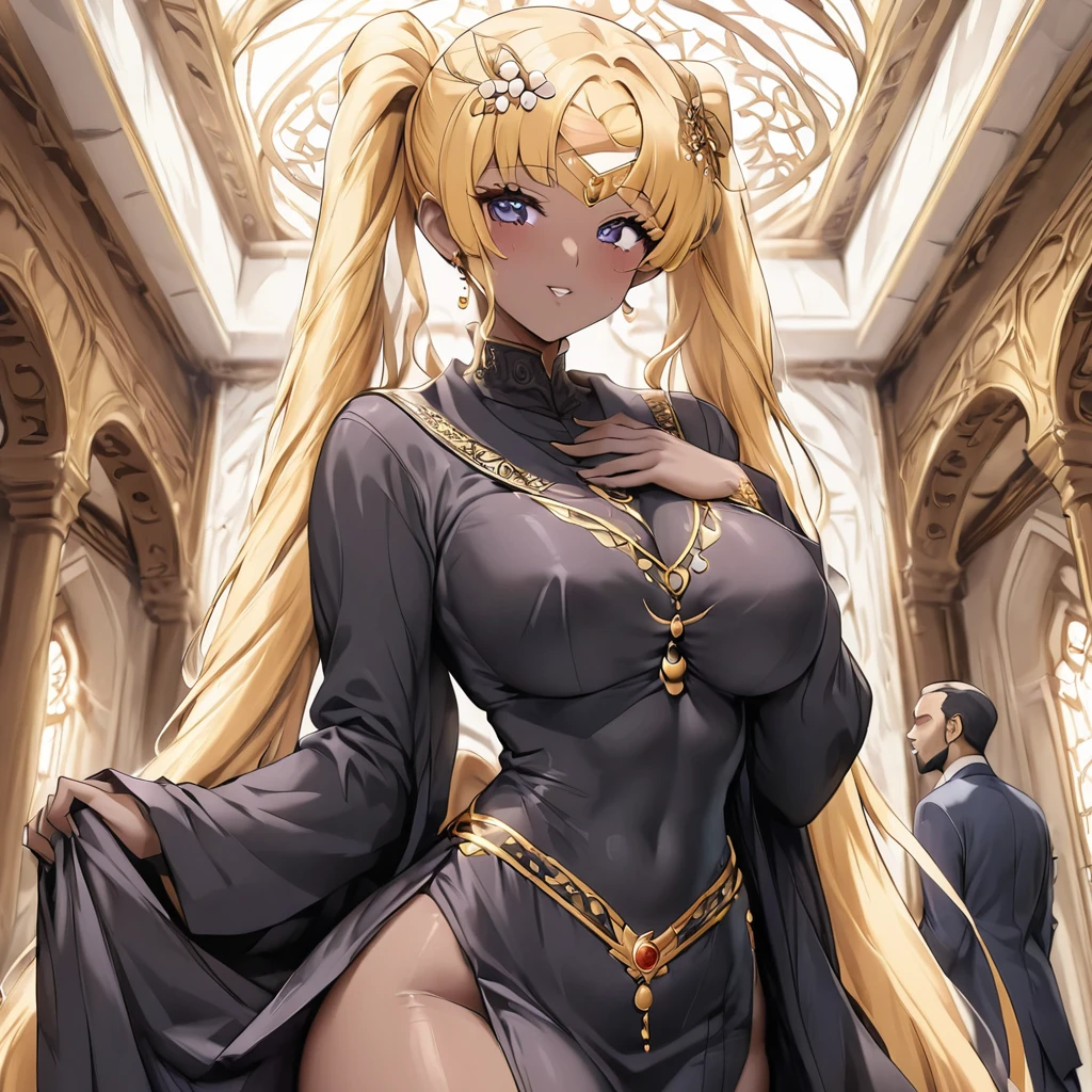 ((Highest quality)), ((masterpiece)), (detailed), (Perfect Face)、The woman is Tsukino Usagi, a devout Muslim., Arab with bright brown skin, In an Islamic prayer hall、She wears a gorgeous black abaya with gold embroidery.。, A gorgeous black hijab and niqab tightly covers her head, Gorgeous hair ornament, Gorgeous jewellery and engagement rings. The woman and the man are in a luxurious palace, And the woman、Wearing Arab national dress、In an Islamic prayer hall with a dignified bearded middle-aged Arab Muslim man。.、The woman is the elegant Tsukino Usagi, Her long blonde hair was tied in twin tails, Black abaya and、She is wearing a gorgeous, skin-tight black hijab and niqab.. She is a devout Muslim Arab with vibrant brown skin.。.、(The woman was named Tsukino Usagi.、He is a dark-skinned Arab and a devout Muslim.。.)