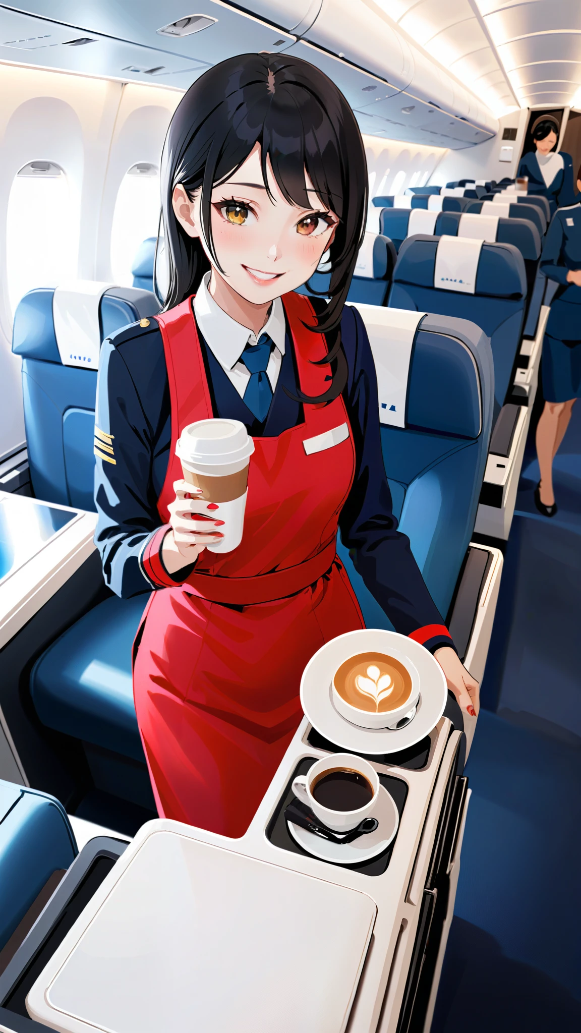 Japanese cabin attendant、Black Hair、a beautiful woman wearing navy-blue air hostess uniform, Inside the plane、A cheerful smile、Providing in-flight service、wearing a red apron、Handing coffee to a customer、