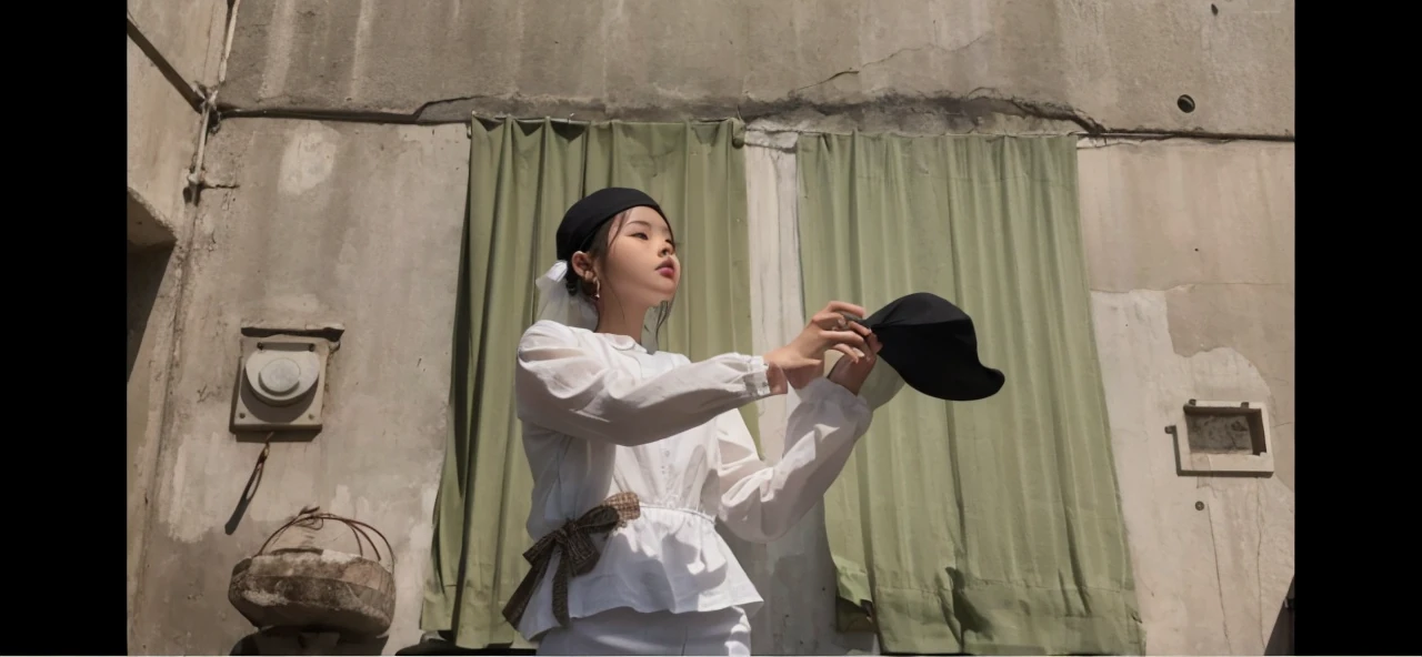 A girl has a hat、White clothes、Highest quality、Location: Outdoors