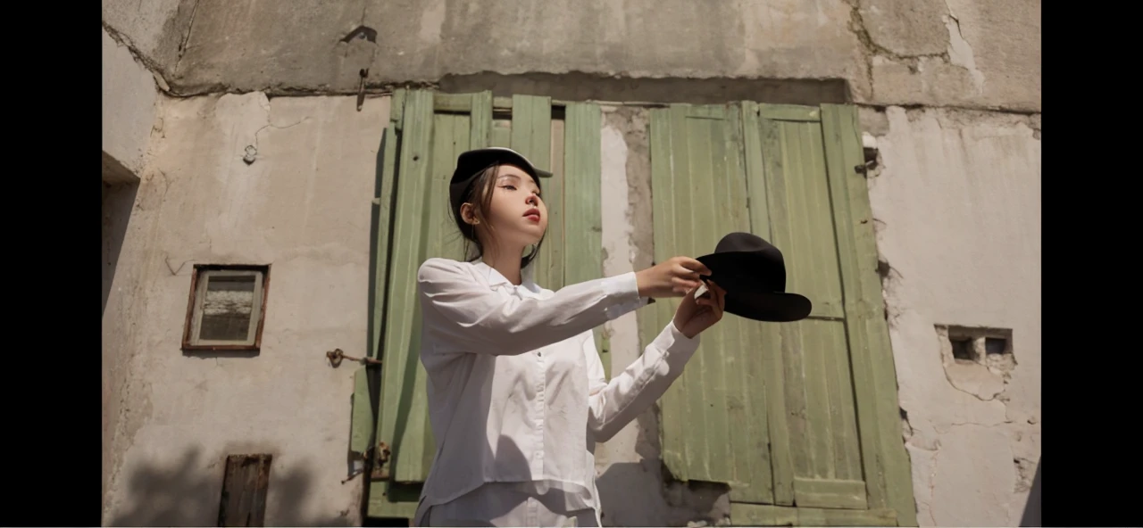 A girl has a hat、White clothes、Highest quality、Location: Outdoors