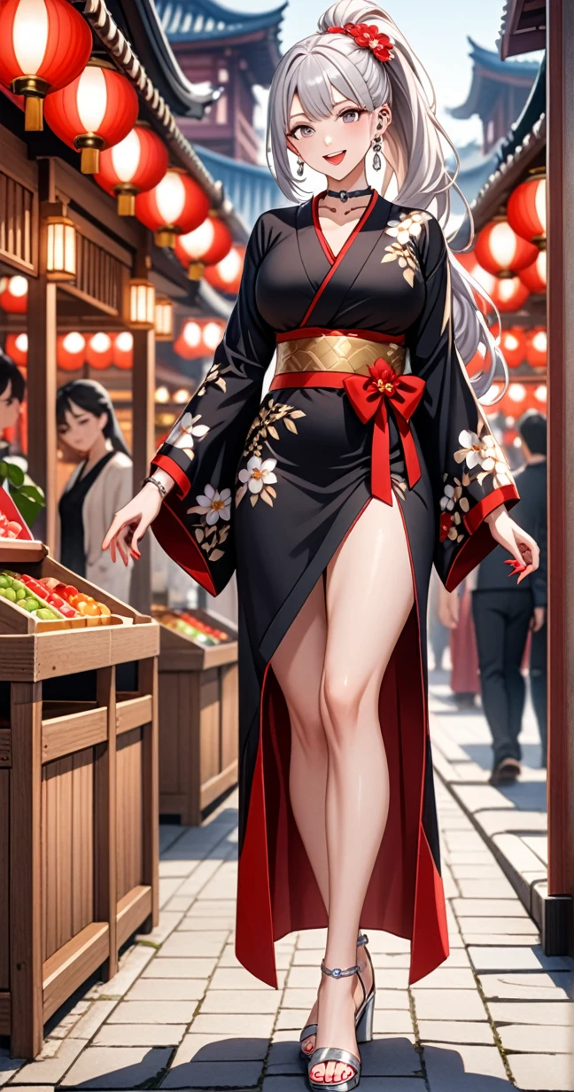 ((one girl)), hyper detailed, absurdres, 8K,Cute face, Beautiful Face, ((Doing y poses:1.4)), ((laugh:1.8)), ((Wink:1.8)), (Laugh with your mouth wide open),(Tilt your head:1.3),  View your viewers, ((Bright red cheeks:1.6)),Glossy Red Lips, ((Big4)) night, Shrine festival stalls, (Brighten your face), ((Anime style background)),masterpiece, Highest quality, so beautiful,Latest, Complex details, (Pink long nails), (nail art), (ring),(bracelet), (helix piercing:1.7), (Floral Choker),AI-generated, Complex,High resolution, Highest quality, super high quality,3D Images、3D Images,One person,Long white hair,(High Ponytail), Anime woman posing for a photo,((silver eyes:1.6)), ((Fine grain、blue eyes、Shining Eyes:1.3)), (Squint your eyes:1.1),a hyperRealistic , hyperRealistic , Realistic,Anime woman with long white hair, Smooth anime CG art, With gold embroidery、A girl in a gorgeous kimono, ((Black long sleeve kimono:1.3)),(Red large floral pattern) ,Long flower hair ornament,(black high heel sandals), Floral Earrings,Mature Body, eve,Abdominal muscles,Tight waist,((full body:1.3)), (front view),