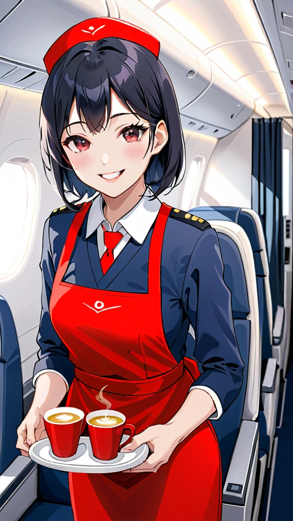 Japanese cabin attendant、Black Hair、a beautiful woman wearing navy-blue air hostess uniform, Inside the plane、A cheerful smile、Providing in-flight service、wearing a red apron、Handing coffee to a customer、
