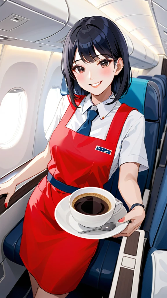 Japanese cabin attendant、Black Hair、a beautiful woman wearing navy-blue air hostess uniform, Inside the plane、A cheerful smile、Providing in-flight service、wearing a red apron、Handing coffee to a customer、

