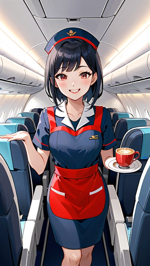 Japanese cabin attendant、Black Hair、a beautiful woman wearing navy-blue air hostess uniform, Inside the plane、A cheerful smile、Providing in-flight service、wearing a red apron、Handing coffee to a customer、