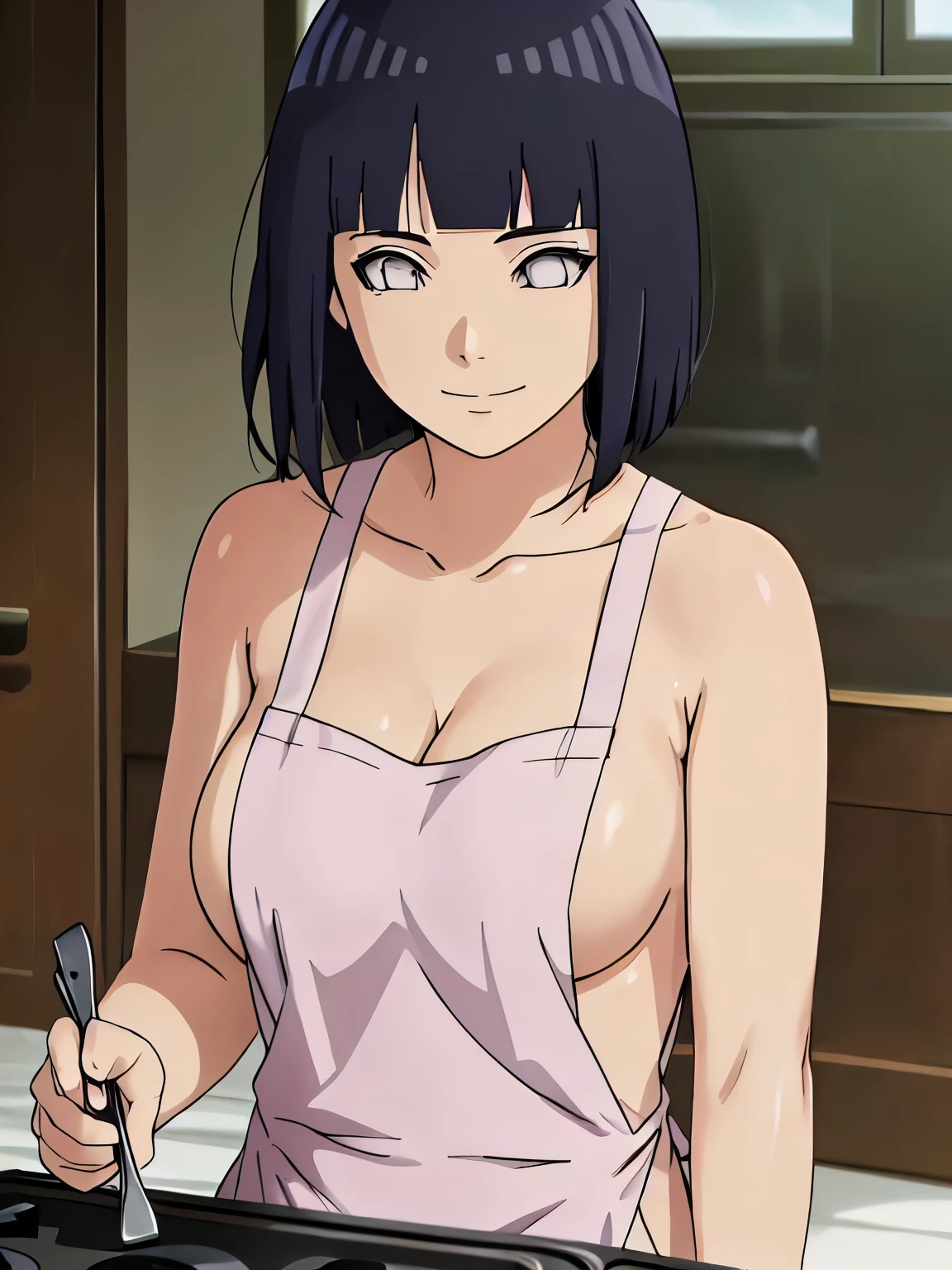 (hinata\(boruto\), (sfw, high quality, anime, cowboy shot, white apron only, off-shoulders, little biceps, super detailed body, smile), ((cooking)), (medium-big breasts, cleavage), closed mouth), pale skin, ((floating hair, dark blue, short hair, hime cut، loose hair), (location: bed, windy afternoon),
