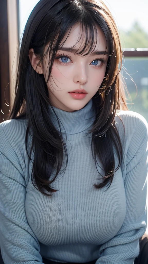 masterpiece, best quality, Very detailed, Facing the camera, Practical, Sharp features, Very detailed, Clear focus, Perfect face, Perfect face, Perfect eyes with perfect symmetry, Perfect plump lips, Flexible female form, Very detailed, hyper Practical, masterpiece, atmosphere, high resolution, Full of energy, enduring happy expressions, Straight bangs, blue eyes,Grey sweater, Cowboy shooting,turtleneck sweaterst round、Expression of sexual arousal